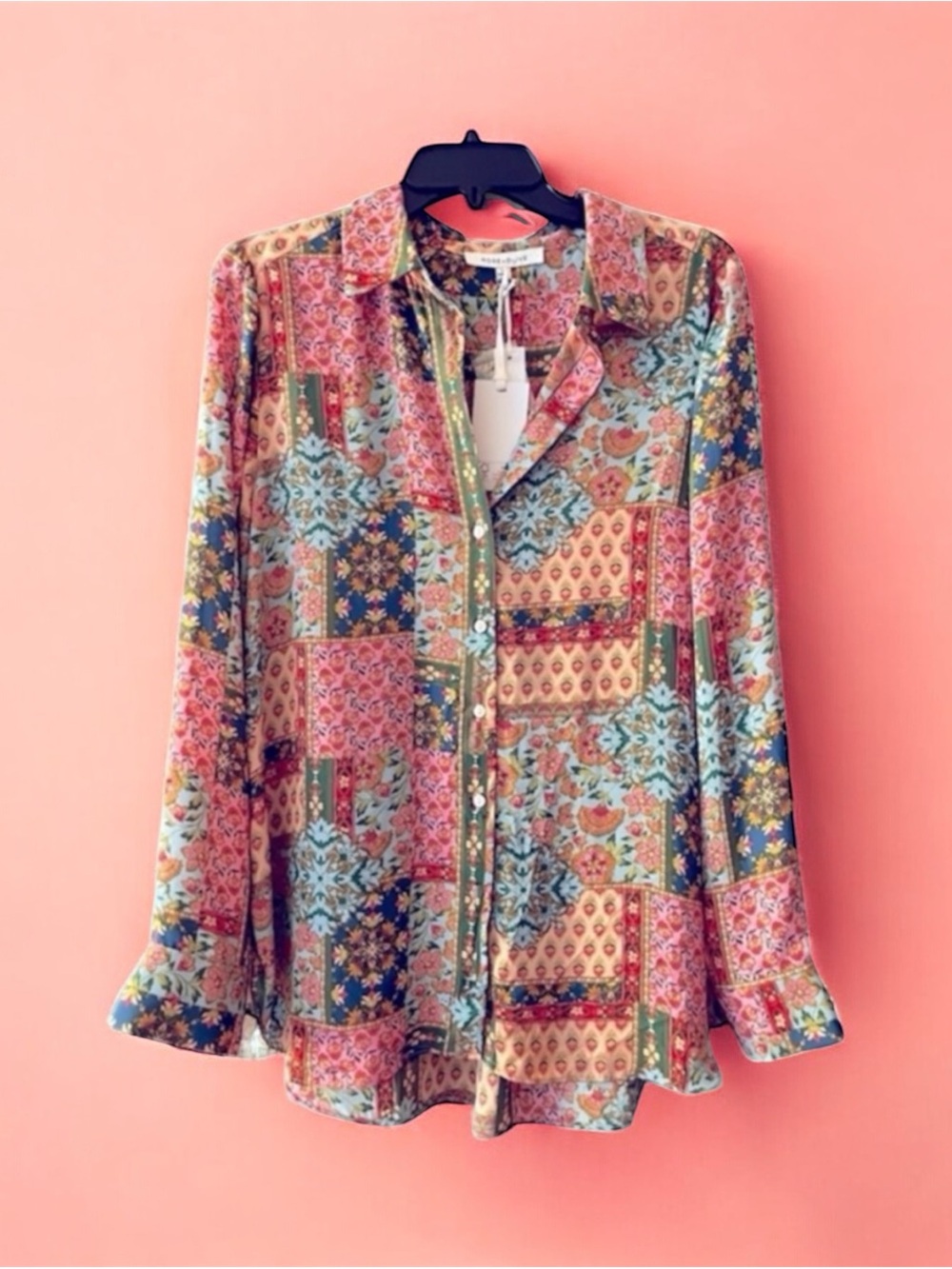 Pastel Floral Garden Boho Print Long Sleeve Buttondown Flowy Blouse Large BNWT